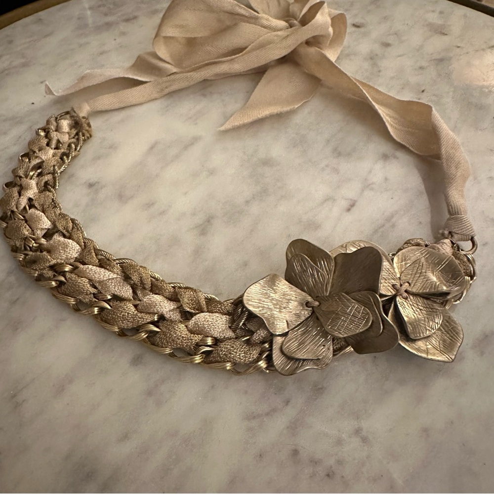 Gold Braided Ribbon Necklace with Floral Accents